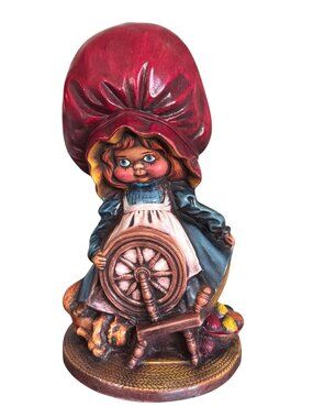 Vintage Hand-Painted Girl Figurine With Spinning Wheel & Red Bonnet